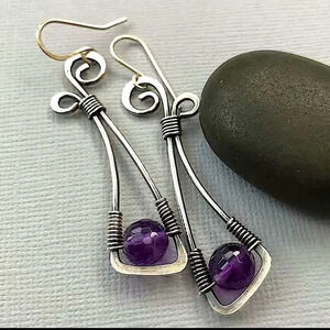 Silver Vintage Handmade Boho Purple Stone Geometric Irregular Dangle Earrings